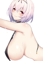 Rule 34 | 1girl, ?, alicia renato (yashiro sousaku), armpits, bare arms, bare shoulders, bikini, black bikini, black hairband, black ribbon, blush, borrowed character, breasts, closed mouth, commentary request, from side, hair between eyes, hair ribbon, hairband, hanging breasts, heterochromia, highres, huge breasts, leaning forward, looking at viewer, looking to the side, nakatama kyou, original, red eyes, ribbon, shiny skin, short hair, sideboob, silver hair, simple background, smile, solo, strap gap, sweat, swimsuit, untied bikini, upper body, white background