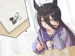 Rule 34 | 1girl, ahoge, animal ears, black hair, bow, brown eyes, closed mouth, commentary request, hair between eyes, holding, holding pen, horse ears, long hair, long sleeves, looking down, manhattan cafe (umamusume), mochiki, pen, purple shirt, school uniform, shirt, smile, solo, tracen school uniform, umamusume, upper body, white bow