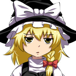 Rule 34 | 1girl, :&lt;, blonde hair, bow, braid, female focus, hair bow, hat, jitome, k2isu, kirisame marisa, long hair, simple background, solo, touhou, witch, witch hat, yellow eyes