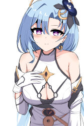 Rule 34 | 1girl, absurdres, aged up, bare shoulders, blue hair, breasts, cleavage cutout, clothing cutout, collarbone, commentary, flower, gloves, griseo, griseo (cosmic expression), hair flower, hair ornament, hand on own chest, highres, honkai (series), honkai impact 3rd, large breasts, long hair, looking at viewer, marin liekuriva, purple eyes, simple background, smile, solo, upper body, white background, white gloves