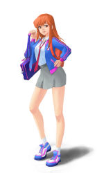 Rule 34 | 1girl, adapted costume, alternate hair color, animal print, bag, breasts, buttons, charm (object), closed mouth, collared shirt, d.va (overwatch), dress shirt, grey skirt, hand on own hip, hand up, handbag, highres, jacket, kyunghee yim, legs apart, lips, long hair, loose necktie, matching hair/eyes, miniskirt, necktie, orange eyes, orange hair, overwatch, overwatch 1, rabbit print, red necktie, school bag, school uniform, shirt, shoes, signature, simple background, skirt, smile, socks, solo, standing, white background, white shirt, white socks, wing collar, zipper