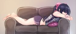 Rule 34 | 1girl, artist request, ass, barefoot, black hair, bow, breasts, commentary, couch, english commentary, hair between eyes, hair bow, highres, large breasts, legs, long hair, lying, midriff, noihara himari, omamori himari, on couch, on stomach, pillow, pink bow, ponytail, purple eyes, shirt, short shorts, shorts, solo