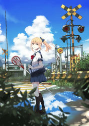 Rule 34 | 1girl, bag, black socks, blonde hair, blue bow, blue sailor collar, blue skirt, blue sky, bow, brown footwear, butterfly net, closed mouth, cloud, commentary request, cumulonimbus cloud, guard rail, hair bow, hand net, highres, holding, holding butterfly net, kneehighs, loafers, looking at viewer, looking to the side, original, outdoors, ponytail, puddle, railroad crossing, red bow, reflection, sailor collar, scenery, school bag, school uniform, serafuku, shoes, skirt, sky, smile, socks, yamamoto makuya, yellow eyes