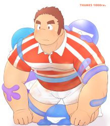 Rule 34 | 1boy, 3c pan, bara, blush, brown hair, bulge, facial hair, facial scar, full body, tamamura gunzo, highres, kneeling, long sideburns, looking to the side, male focus, muscular, muscular male, pectorals, red shirt, rugby uniform, scar, scar on cheek, scar on face, shirt, short hair, shorts, sideburns, solo, spiked hair, spirit, sportswear, stubble, sweat, sweatdrop, thick eyebrows, thick thighs, thighs, tokyo houkago summoners, white shorts