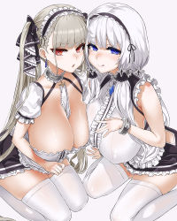 Rule 34 | 2girls, ahoge, apron, asanagi, azur lane, bare shoulders, between breasts, black hairband, blue eyes, blush, breasts, choker, cleavage, closed mouth, commentary request, cosplay, covered erect nipples, dido (azur lane), dido (azur lane) (cosplay), earrings, formidable (azur lane), frilled apron, frilled choker, frills, grey hair, hair ribbon, hairband, highres, huge breasts, illustrious (azur lane), jewelry, long hair, looking at viewer, maid apron, mole, mole under eye, multiple girls, open mouth, puffy short sleeves, puffy sleeves, red eyes, ribbon, short sleeves, simple background, sirius (azur lane), sirius (azur lane) (cosplay), sitting, sleeveless, smile, thighhighs, thighs, tongue, tongue out, tress ribbon, tri tails, twintails, two-tone ribbon, very long hair, waist apron, white apron, white background, white hair, white legwear