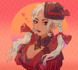 Rule 34 | 1girl, animification, apex legends, black hat, bootlegger loba, bow, braid, breasts, cleavage, dark-skinned female, dark skin, fedora, hair bow, hat, heart, jacket, loba (apex legends), looking at viewer, portrait, red bow, red jacket, shourou kanna, smile, solo, twin braids, white hair