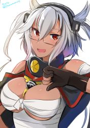 Rule 34 | 1girl, absurdres, black gloves, blush, breasts, dark-skinned female, dark skin, fingerless gloves, gloves, hair between eyes, highres, kantai collection, large breasts, long hair, looking at viewer, musashi (kancolle), one-hour drawing challenge, open mouth, red eyes, short hair with long locks, simple background, solo, twitter username, two side up, white background, white hair, yunamaro
