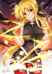 Rule 34 | 1girl, ahoge, artist name, bardiche (nanoha), bardiche (standby form) (nanoha), black gloves, black panties, black thighhighs, blonde hair, blush, breasts, dated, fate testarossa, fate testarossa (impulse form), gloves, hair between eyes, hair ribbon, head tilt, large breasts, long hair, looking at viewer, low twintails, lyrical nanoha, mahou senki lyrical nanoha force, miniskirt, panties, red eyes, ribbon, san-pon, sidelocks, skirt, sleeveless, solo, thighhighs, twintails, underwear, very long hair