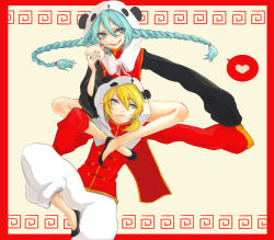 Rule 34 | 1boy, 1girl, :p, blonde hair, blue eyes, blue hair, border, braid, bread, carrying, chinese clothes, drinking straw, drinking straw in mouth, food, hatsune miku, highres, indian style, kagamine len, kitamura issa, panda hat, red border, shoulder carry, sitting, tongue, tongue out, twin braids, vocaloid, yi er fan club (vocaloid)