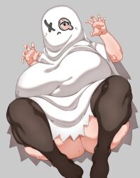Rule 34 | 1girl, absurdres, blush, bottomless, breasts, brown thighhighs, claw pose, ghost costume, grey background, grey eyes, highres, huge breasts, icecube2lazy, no shoes, original, sheet ghost, simple background, solo, sweat, thick thighs, thighhighs, thighs