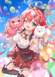 Rule 34 | 1girl, 2others, animal, animal ears, balloon, bell, blue sky, blurry, blurry background, breasts, cat, detached sleeves, dress, fake animal ears, garter straps, genjitsu pirika, green eyes, hat, hololive, large breasts, multiple others, one eye closed, one leg raised, open mouth, pink hair, sakura miko, skirt, sky, smile, teeth, thighhighs, thighs, upper teeth only, virtual youtuber