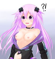 Rule 34 | 10s, 1girl, absurdres, adult neptune, aircell, assisted exposure, bad id, bad pixiv id, breasts, choker, cleavage, d-pad, hair ornament, highres, hood, hooded track jacket, jacket, long hair, looking at viewer, neptune (neptunia), neptune (series), nipples, pov, purple eyes, purple hair, solo focus, track jacket, unzipped