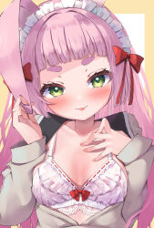 Rule 34 | 1girl, :p, animal ears, black sailor collar, blunt bangs, blush, border, bow, bow bra, bra, breasts, brown cardigan, cardigan, collarbone, commentary request, frilled bra, frills, green eyes, hair bow, hand on own chest, hand on own ear, hands up, kemomimi refle!, long hair, long sleeves, looking at viewer, maid headdress, nyahu (nyahu 77), open cardigan, open clothes, outside border, pink hair, pulling own ear, rabbit ears, red bow, sailor collar, short eyebrows, sleeves past wrists, small breasts, solo, thick eyebrows, tongue, tongue out, two-tone background, underwear, uno sakura, upper body, virtual youtuber, white background, white bra, white headwear, yellow border