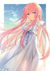 Rule 34 | 1girl, arms behind back, blue background, blue ribbon, blue sky, border, closed mouth, dress, floating hair, girly air force, gripen (girly air force), highres, long hair, looking at viewer, outside border, pink hair, purple eyes, ribbon, short sleeves, sky, smile, solo, standing, sundress, toosaka asagi, translation request, very long hair, white border, white dress