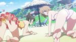 Rule 34 | 00s, 2girls, all fours, animated, ass, barefoot, beach, breast press, breasts, butt crack, center opening, cleavage, clothing cutout, cloud, feet, female focus, glasses, lotion, momioka risa, multiple girls, navel, one-piece swimsuit, outdoors, sand, sawada mio, sky, strapless, strapless one-piece swimsuit, sunscreen, swimsuit, to love-ru, twintails, video, video