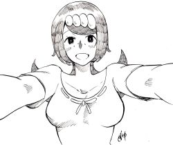 Rule 34 | 1girl, blush, breasts, bright pupils, chouku tetsushitsuiwa, collarbone, creatures (company), freckles, game freak, greyscale, hair ornament, happy, highres, lana&#039;s mother (pokemon), large breasts, looking at viewer, mature female, medium hair, monochrome, nintendo, open mouth, outstretched arms, pokemon, pokemon (anime), pokemon sm (anime), ponytail, pov, scoop neck, shirt, short sleeves, signature, simple background, solo, swept bangs, twitter username, upper body, white background, white pupils