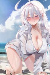 Rule 34 | 1girl, absurdres, ahoge, antenna hair, beach, bikini, blue sky, blush, breasts, cleavage, closed mouth, cloud, collarbone, commentary request, day, dolechan, dress shirt, frilled bikini, frills, hair between eyes, highres, kneeling, large breasts, long hair, looking at viewer, ocean, original, outdoors, purple eyes, shirt, sidelocks, sky, solo, sweat, swimsuit, variant set, white bikini, white hair, white shirt