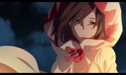 Rule 34 | 1girl, anime coloring, brown eyes, brown hair, commentary request, final fantasy, final fantasy ix, garnet til alexandros xvii, half-closed eyes, highres, hood, hood up, letterboxed, looking at viewer, official alternate costume, pochi-a, smile, solo, wind, wind lift