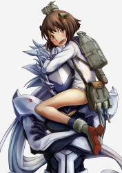Rule 34 | 10s, 1boy, 1girl, armor, blazblue, blush, brown hair, crossed arms, crossover, face hug, hakumen, height difference, kantai collection, mecha musume, name connection, open mouth, pauldrons, personification, school uniform, short hair, shoulder armor, sowel (sk3), yukikaze (kancolle)