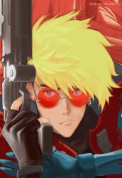 Rule 34 | 1boy, agl arms .45 long colt, black gloves, blonde hair, break-action revolver, closed mouth, earrings, fingerless gloves, gloves, grey eyes, gun, handgun, highres, holding, holding gun, holding weapon, jewelry, looking at viewer, low bore axis revolver, male focus, red-tinted eyewear, revolver, short hair, single earring, solo, tinted eyewear, trigun, trigun stampede, tweedledraws, twitter username, undercut, vash the stampede, weapon