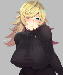 Rule 34 | 1girl, arm at side, black sweater, blonde hair, blue eyes, blush, breasts, covered erect nipples, flipped hair, food, grey background, hair over one eye, honda naoki, huge breasts, long hair, long sleeves, looking at viewer, mouth hold, no bra, nose blush, original, pocky, pocky day, ribbed sweater, simple background, smile, solo, sweater, swept bangs, turtleneck, turtleneck sweater, upper body
