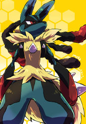 Rule 34 | 10s, absurdres, arms at sides, closed mouth, cowboy shot, creatures (company), furry, game freak, gen 4 pokemon, highres, honeycomb (pattern), honeycomb background, looking up, lucario, mega lucario, mega pokemon, nintendo, pokemon, pokemon (creature), pokemon xy, red eyes, serious, standing