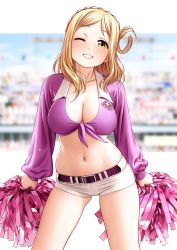 Rule 34 | 1girl, ;d, arms at sides, artist name, belt, belt buckle, black belt, blonde hair, blurry, blurry background, blush, braid, breasts, buckle, cheerleader, cleavage, collarbone, commentary, cowboy shot, crop top, crown braid, dated, day, grin, hair ribbon, head tilt, highres, holding, holding pom poms, large breasts, letterboxed, light particles, long hair, long sleeves, looking at viewer, love live!, love live! sunshine!!, midriff, navel, ohara mari, one eye closed, open mouth, outdoors, outside border, parted bangs, pink shirt, pom pom (cheerleading), pom poms, ribbon, shirt, short shorts, shorts, sidelocks, smile, solo, stadium, standing, stomach, sweat, symbol-only commentary, tied shirt, white shorts, yellow eyes, yonsi