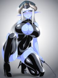 Rule 34 | 1girl, ass, bare shoulders, black footwear, black leotard, black sclera, black thighhighs, blue skin, blunt bangs, blush, boots, breasts, choker, cleavage, colonel pale, colored sclera, colored skin, curvy, demon girl, demon horns, dominatrix, elbow gloves, female focus, front zipper swimsuit, full body, gloves, hat, high heel boots, high heels, highleg, highres, horns, large breasts, latex, leather, leather boots, leotard, long hair, looking at viewer, meme attire, military, mimizu (tokagex), nose blush, one-piece swimsuit, on one knee, original, peaked cap, pointy ears, riding crop, shiny clothes, shiny skin, silver hair, solo, sweat, sweatdrop, swimsuit, thigh boots, thighhighs, unzipped, whip, wide hips, yellow eyes, zipper