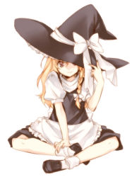 Rule 34 | 1girl, akr et, apron, black dress, blonde hair, bow, braid, brown eyes, dress, female focus, full body, hair bow, hat, hat over one eye, hat ribbon, kirisame marisa, long hair, ribbon, short sleeves, simple background, sitting, smile, solo, touhou, white background, witch, witch hat