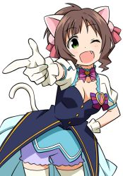 Rule 34 | 10s, 1girl, ;d, anbe masahiro, animal ears, blush, breasts, brown hair, cat ears, cat tail, choker, cleavage, contrapposto, fang, gloves, green eyes, hand on own hip, heart, idolmaster, idolmaster cinderella girls, looking at viewer, maekawa miku, md5 mismatch, one eye closed, open mouth, pink ribbon, pointing, pointing at viewer, puff and slash sleeves, puffy short sleeves, puffy sleeves, red ribbon, resized, ribbon, short sleeves, simple background, smile, solo, standing, star!!, tail, tareme, thighhighs, white background, wink, zettai ryouiki