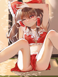 Rule 34 | 1girl, adapted costume, arm up, armpits, bare arms, bare legs, bow, breasts, brown hair, cleavage, closed mouth, commentary request, expressionless, feet out of frame, frills, hair between eyes, hair bow, hair tubes, hakurei reimu, harukaze koyomi, highres, long hair, m legs, medium breasts, midriff, navel, one eye closed, raised eyebrow, red eyes, sitting, solo, spread legs, touhou, very long hair