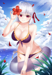 Rule 34 | 1girl, absurdres, ahoge, bare arms, bare shoulders, bikini, blue sky, blurry, breasts, carat hanna, cleavage, closed mouth, cloud, cloudy sky, collarbone, cowboy shot, day, depth of field, fate/grand order, fate (series), flower, frilled bikini, frills, front-tie bikini top, front-tie top, glint, groin, hair flower, hair ornament, hair ribbon, half updo, halterneck, hand up, hibiscus, highres, holding, horizon, innertube, kama (fate), large breasts, light rays, looking at viewer, navel, ocean, outdoors, petals, plant, purple bikini, red eyes, red flower, red ribbon, ribbon, short hair, side-tie bikini bottom, sky, smile, solo, standing, stomach, sunbeam, sunlight, swim ring, swimsuit, thighs, water drop, white hair