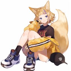 Rule 34 | 1girl, :3, animal ears, ass, bare legs, baseball cap, black hat, black shirt, black socks, blonde hair, closed mouth, commentary request, cutoffs, denim, denim shorts, exposed pocket, fox ears, fox girl, fox tail, full body, hand up, hat, head tilt, jacket, knees up, long sleeves, looking at viewer, multicolored hair, off shoulder, open clothes, open jacket, original, puffy long sleeves, puffy sleeves, purple eyes, purple hair, shirt, shoes, short hair, short shorts, short sleeves, shorts, shugao, simple background, sleeves past wrists, smile, sneakers, socks, solo, tail, thighs, two-tone hair, unworn hat, unworn headwear, white background, yellow jacket