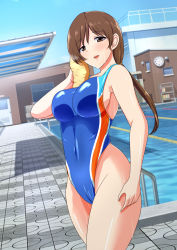 Rule 34 | 1girl, bad id, bad pixiv id, blue sky, blue one-piece swimsuit, brown eyes, brown hair, clock, competition swimsuit, covered navel, cowboy shot, day, dutch angle, highleg, highleg swimsuit, highres, idolmaster, idolmaster cinderella girls, idolmaster cinderella girls starlight stage, long hair, low ponytail, nitta minami, one-piece swimsuit, outdoors, pool, pool ladder, sky, solo, standing, swimsuit, yao (user jzpa8855), yellow towel