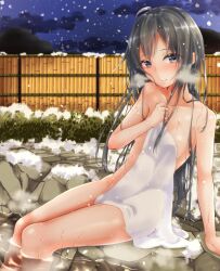 Rule 34 | 1girl, ahoge, arm support, bamboo fence, black hair, blush, breasts, bush, closed mouth, collarbone, covering privates, fence, grey eyes, light smile, long hair, looking at viewer, naked towel, night, night sky, nude cover, onsen, outdoors, sarujie (broken monky), sitting, sky, small breasts, snowing, solo, steam, stone floor, thighs, towel, wading, water, wet, wet towel, white towel, yahari ore no seishun lovecome wa machigatteiru., yukinoshita yukino