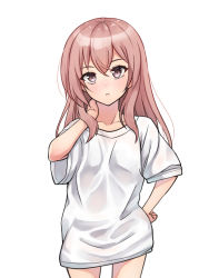 Rule 34 | 1girl, borrowed clothes, breasts, crossed bangs, hair between eyes, highres, inui sajuna, long hair, looking at viewer, minazuki minao, pink eyes, pink hair, shirt, simple background, small breasts, solo, sono bisque doll wa koi wo suru, standing, white background, white shirt
