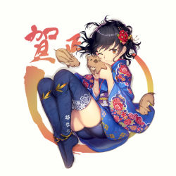 Rule 34 | 1girl, ;3, animal, bike shorts, black hair, blue kimono, blue thighhighs, blush, boar, brown eyes, closed mouth, commentary request, fetal position, floral print, flower, from above, full body, hair flower, hair ornament, highres, holding, holding animal, japanese clothes, kamome yuu, kimono, long sleeves, looking at viewer, lying, no shoes, obi, on side, one eye closed, original, print kimono, print thighhighs, red flower, sash, short hair, solo, thighhighs, wide sleeves