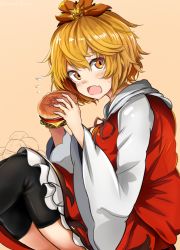Rule 34 | 1girl, black thighhighs, blonde hair, blush, brown eyes, burger, fang, feet out of frame, flying sweatdrops, food, hair ornament, holding, holding food, houdukixx, long sleeves, looking at viewer, open mouth, red skirt, ribbon, short hair, simple background, sitting, skirt, solo, thighhighs, toramaru shou, touhou, wide sleeves, yellow background