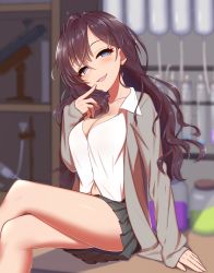 Rule 34 | 10s, 1girl, :d, blue eyes, blush, breasts, brown hair, cleavage, dress shirt, earrings, finger to mouth, head tilt, highres, ichinose shiki, idolmaster, idolmaster cinderella girls, jacket, jar, jewelry, kuroshiro (ms-2420), large breasts, crossed legs, long hair, looking at viewer, open clothes, open jacket, open mouth, pleated skirt, shirt, sitting, skirt, smile, solo, wavy hair