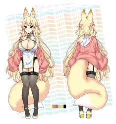 Rule 34 | 1girl, animal ear fluff, animal ears, ass, bare shoulders, black thighhighs, blonde hair, blush, breasts, china dress, chinese clothes, cleavage, cleavage cutout, clothing cutout, color guide, commentary request, dress, fox ears, fox girl, fox tail, full body, garter belt, garter straps, hair between eyes, hair rings, high heels, highres, lace, lace-trimmed legwear, lace trim, large breasts, legs together, long hair, long sleeves, miyano ururu, multiple views, off shoulder, original, pelvic curtain, pink sweater, red eyes, sketch, smile, standing, sweater, tail, thighhighs, very long hair, white footwear