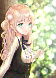 Rule 34 | 1girl, absurdres, ahoge, bad id, bad pixiv id, blonde hair, blunt bangs, blurry, blurry background, braid, brick wall, copyright request, frills, green eyes, highres, hime cut, kazanock, looking at viewer, medium hair, nature, open mouth, outdoors, patterned clothing, shigure ui (vtuber) (casual), shigure ui (vtuber), side ponytail, standing, sunlight, virtual youtuber, wavy hair