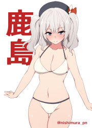 Rule 34 | 1girl, beret, bikini, black hat, breasts, character name, cleavage, collarbone, grey eyes, hat, kantai collection, kashima (kancolle), large breasts, looking at viewer, navel, nishimura pn, sidelocks, silver hair, simple background, smile, solo, swimsuit, thigh gap, tsurime, twintails, twitter username, wavy hair, white background, white bikini