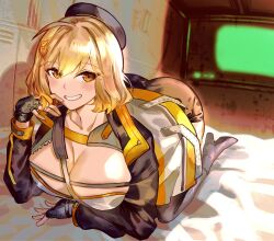 Rule 34 | 1girl, absurdres, anis (nikke), ass, bed, breasts, cleavage, fare, fingerless gloves, gloves, goddess of victory: nikke, hat, highres, image sample, large breasts, on bed, short hair, smile, solo, twitter sample, yellow eyes