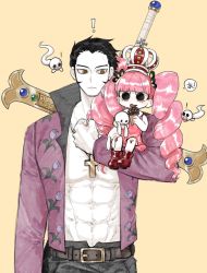 Rule 34 | !, 1boy, 1girl, abs, absurdres, age difference, aged down, artist request, black hair, child, crown, devil fruit, dracule mihawk, dress, drill hair, empty eyes, food, ghost, hair ornament, highres, huge weapon, ice cream, long hair, looking at another, nude, one piece, open clothes, open shirt, pectorals, perona, pink hair, short hair, simple background, size difference, standing, stuffed toy, sword, thick thighs, thighhighs, thighs, twintails, very long hair, weapon, yellow eyes, yoru (one piece)