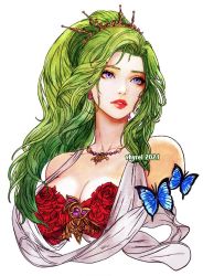 Rule 34 | 1girl, blue eyes, breasts, bug, butterfly, cleavage, final fantasy, final fantasy vi, green hair, insect, long hair, portrait, square enix, tina branford, vhyrel, white background