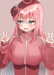 Rule 34 | 1girl, blue eyes, blush, bocchi the rock!, breasts, brown background, commentary, cube hair ornament, double v, gotoh hitori, hair between eyes, hair ornament, hands up, highres, jacket, kubong, large breasts, long hair, long sleeves, looking away, looking to the side, one side up, open mouth, pink hair, puffy long sleeves, puffy sleeves, red jacket, simple background, sleeves past wrists, solo, sweat, track jacket, v, very long hair, wavy hair
