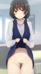 Rule 34 | 1girl, blue skirt, bottomless, clothes lift, female pubic hair, grey sweater, highres, indoors, looking at viewer, nagami yuu, navel, original, pubic hair, pussy, skirt, skirt lift, smile, solo, sweater, twintails