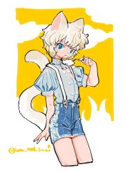 Rule 34 | 1boy, animal ears, blonde hair, blue eyes, blue shirt, blue shorts, cat ears, cat tail, cropped legs, hand up, high-waist shorts, highres, looking at viewer, male focus, mouse (animal), original, puffy short sleeves, puffy sleeves, red eyes, shima (wansyon144), shirt, short sleeves, shorts, solo, standing, suspender shorts, suspenders, tail, twitter username