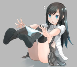Rule 34 | 10s, 1girl, asashio (kancolle), bad id, bad pixiv id, black hair, blue eyes, blue panties, bow, bow panties, comah, feet, flying sweatdrops, kantai collection, no shoes, open clothes, open mouth, open shirt, panties, panty pull, shirt, sitting, solo, thighhighs, underwear, undressing