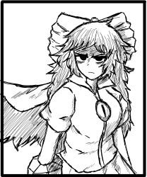 Rule 34 | 1girl, absurdres, arm cannon, bags under eyes, bird wings, black border, border, bow, breasts, cape, closed mouth, collared shirt, cowboy shot, feathered wings, glaring, greyscale, hair bow, highres, long hair, looking at viewer, medium breasts, monochrome, reiuji utsuho, shaded face, shirt, short sleeves, simple background, skirt, third eye, third eye on chest, tomino&#039;s hell, touhou, weapon, wings